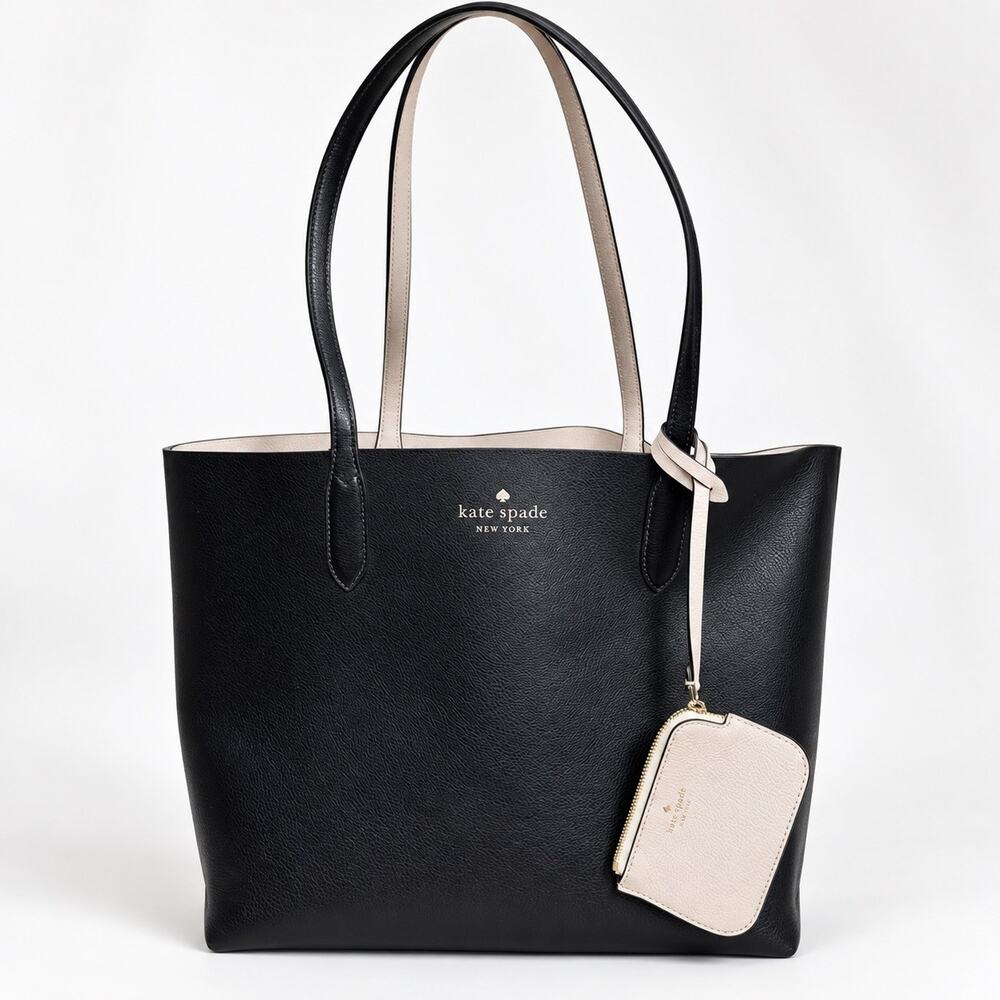 Kate Spade New York Ava Reversible Coin Pouch Tote Bag In Black Beige Minimalist